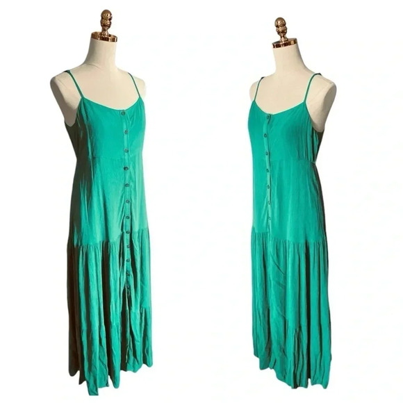 SANCTUARY Women’s Traveler Pleated Tiered Green Flowy Boho Maxi Dress Size S - Picture 3 of 9